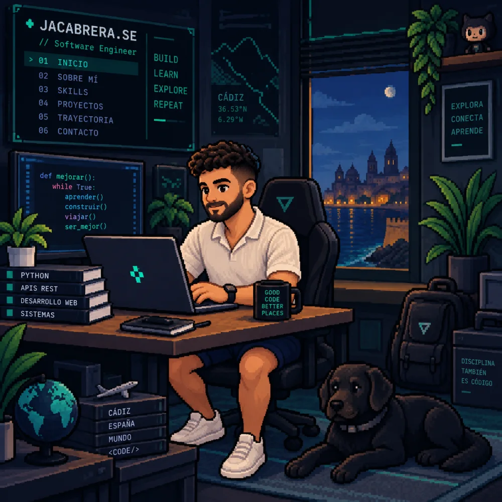 Pixel-art illustration of José Agustín coding at his desk, with Cádiz at night in the background and his dog beside him